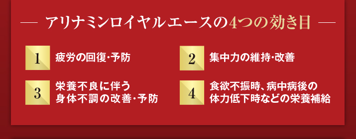 アリナミンロイヤルエースの4つの効き目 1.疲労の回復・予防 2.集中力の維持・改善 3.栄養不良に伴う身体不調の改善・予防 4.食欲不振時、病中病後の体力低下時などの栄養補給