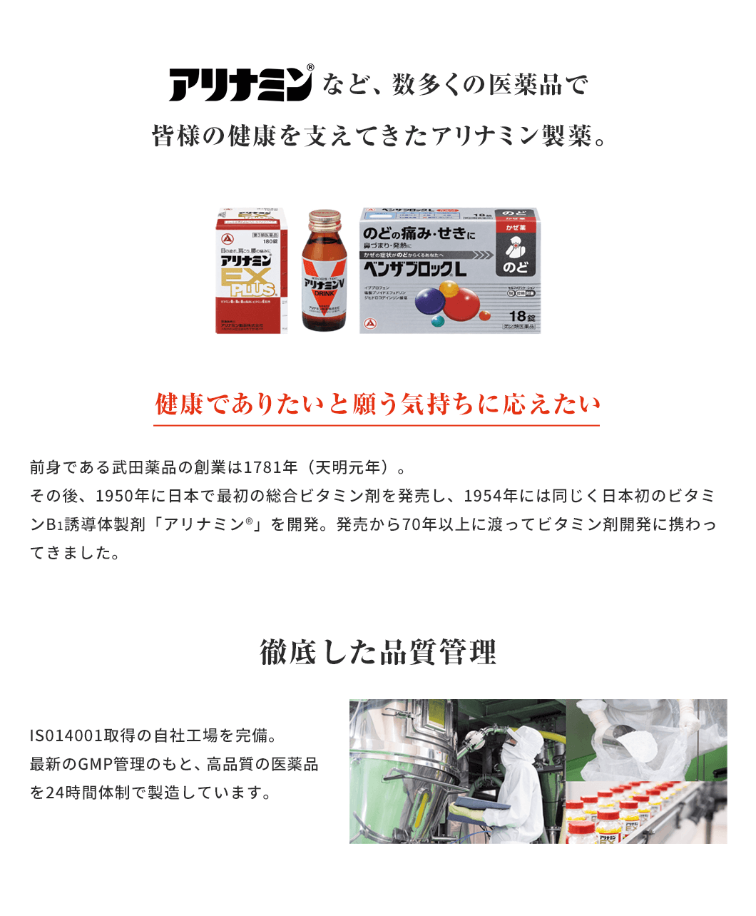 アリナミンなど、数多くの医薬品で皆様の健康を支えてきたアリナミン製薬。健康でありたいと願う気持ちに応えたい。前身である武田薬品の創業は1781年(天明元年)。その後、1950年に日本で最初の総合ビタミン剤を発売し、1954年には同じく日本初のビタミンB1誘導体製剤「アリナミン®」を開発。発売から70年以上に渡ってビタミン剤開発に携わってきました。【徹底した品質管理】IS014001取得の自社工場を完備。最新のGMP管理のもと、高品質の医薬品を24時間体制で製造しています。