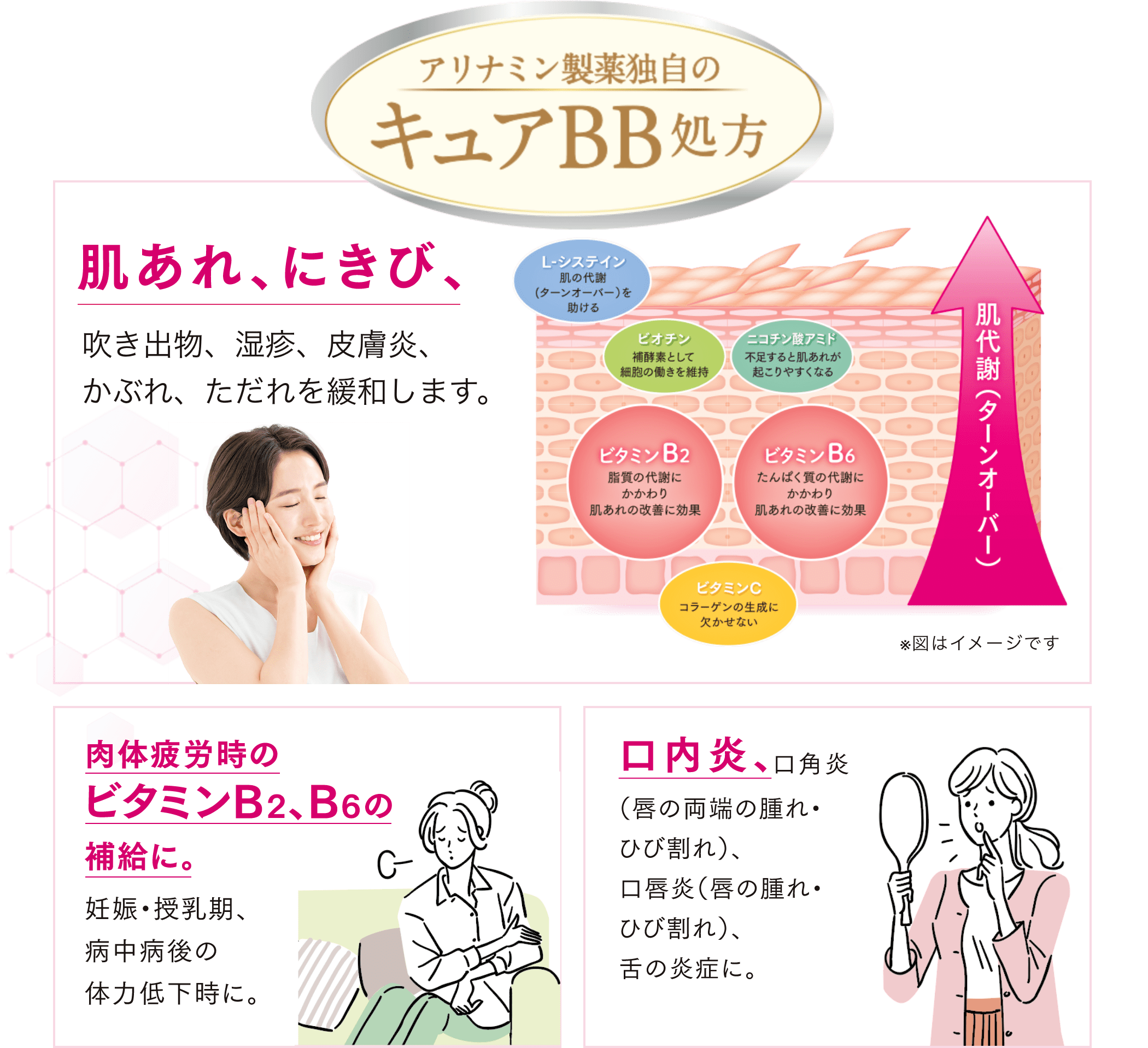 アリナミン製薬独自のキュアBB処方 肌あれ、にきび、吹き出物、湿疹、皮膚炎、かぶれ、ただれを緩和します。肉体疲労時のビタミンB2、B6の補給に。妊娠・授乳期、病中病後の体力低下時に。口内炎、口角炎（唇の両端の腫れ・ひび割れ）、口唇炎(唇の腫れ・ひび割れ)、舌の炎症に。