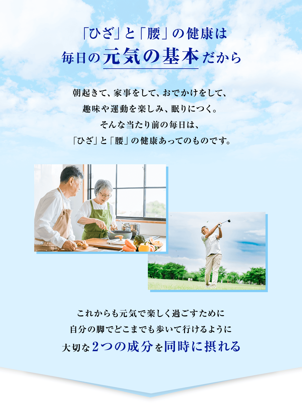 「ひざ」と「腰」の健康は毎日の元気の基本だから　朝起きて、家事をして、おでかけをして、趣味や運動を楽しみ、眠りにつく。そんな当たり前の毎日は、「ひざ」と「腰」の健康あってのものです。