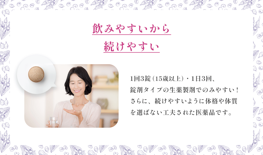 飲みやすいから続けやすい 1回3錠(15歳以上)・1日3回、錠剤タイプの生薬製剤でのみやすい! さらに、続けやすいように体格や体質を選ばない工夫された処方です。