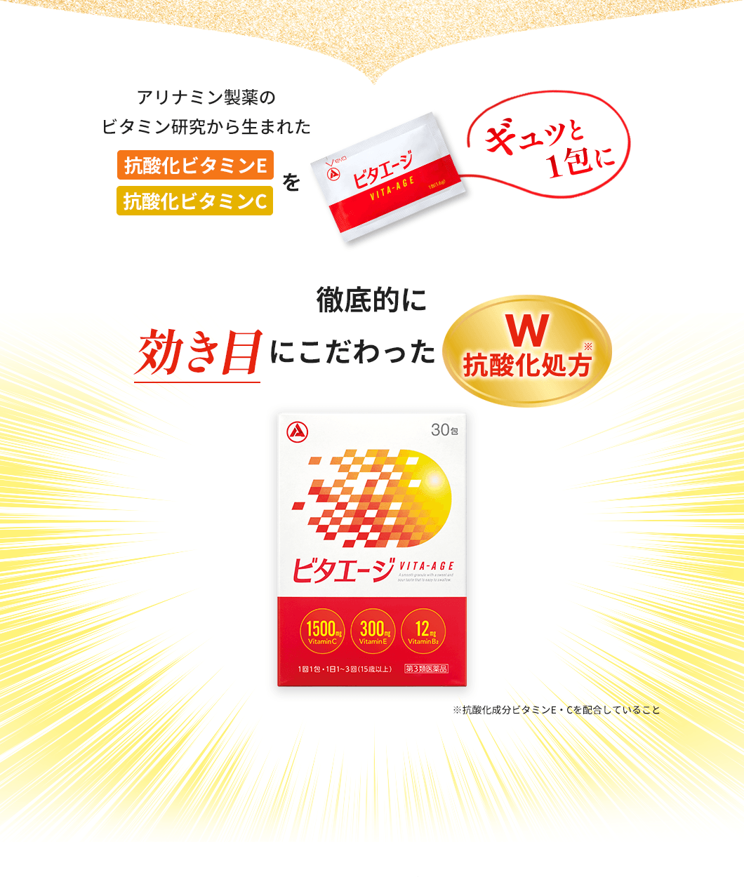 アリナミン製薬のビタミン研究から生まれた抗酸化ビタミンE、抗酸化ビタミンCをギュっと1包に。徹底的に効き目にこだわった「W抗酸化処方」