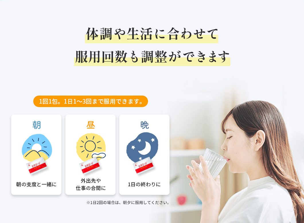 体調や生活に合わせて服用回数も調整ができます。1回1包。1日1〜3回まで服用できます。
