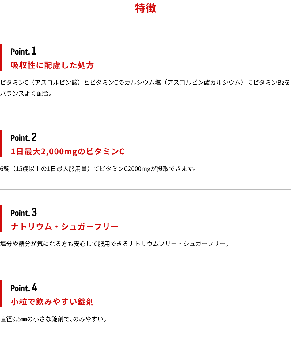 特徴 Point.1:吸収性に配慮した処方 Point.2:1日最大2,000mgのビタミンC Point.3:ナトリウム・シュガーフリー Point.4:小粒で飲みやすい錠剤