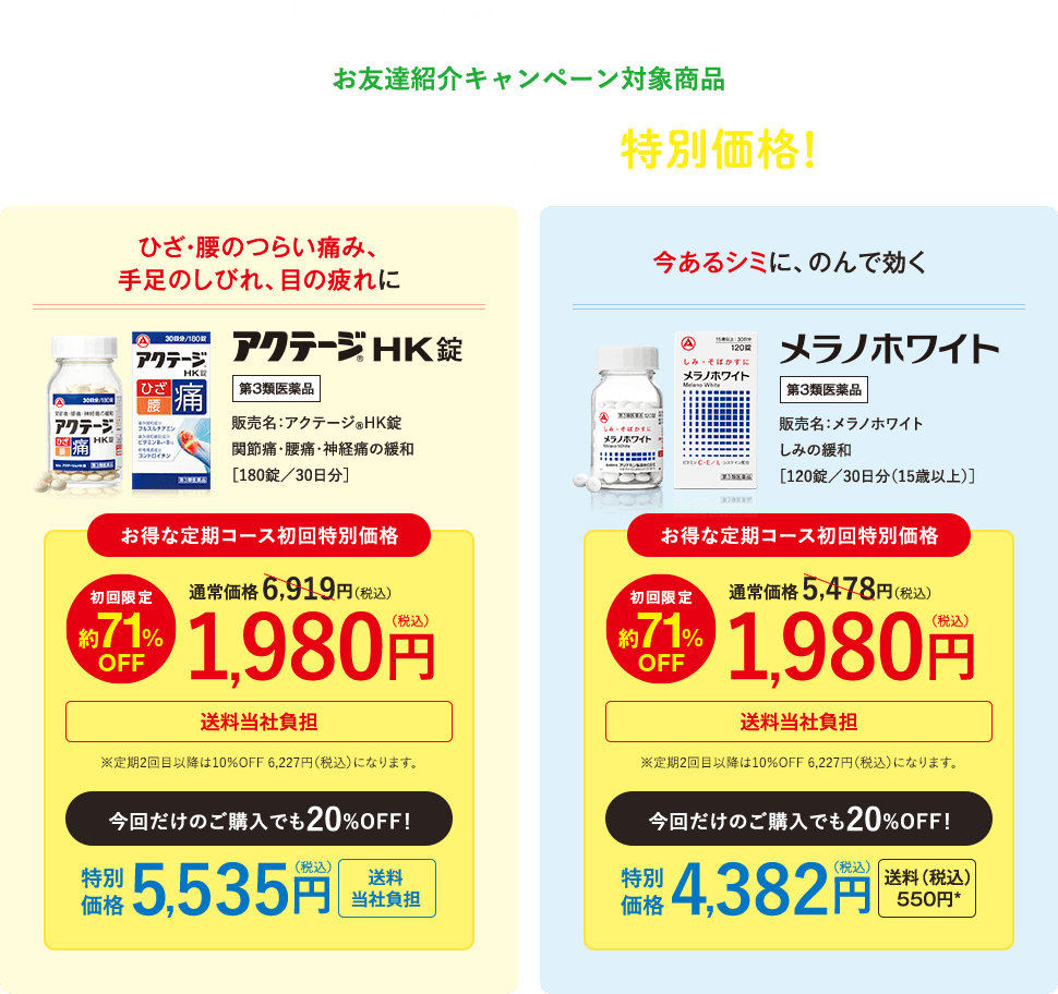 お友達紹介キャンペーン対象商品「アクテージHK錠」「メラノホワイト」をお得な定期コース初回特別価格（約71％OFF）でご提供！今回だけのご購入でも20％OFF！