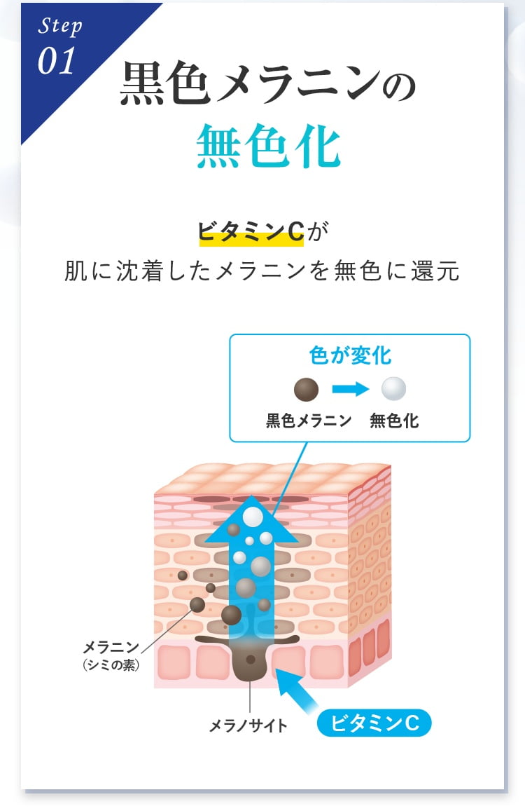 Step01：黒色メラニンの無色化　ビタミンCが肌に沈着したメラニンを無色に還元